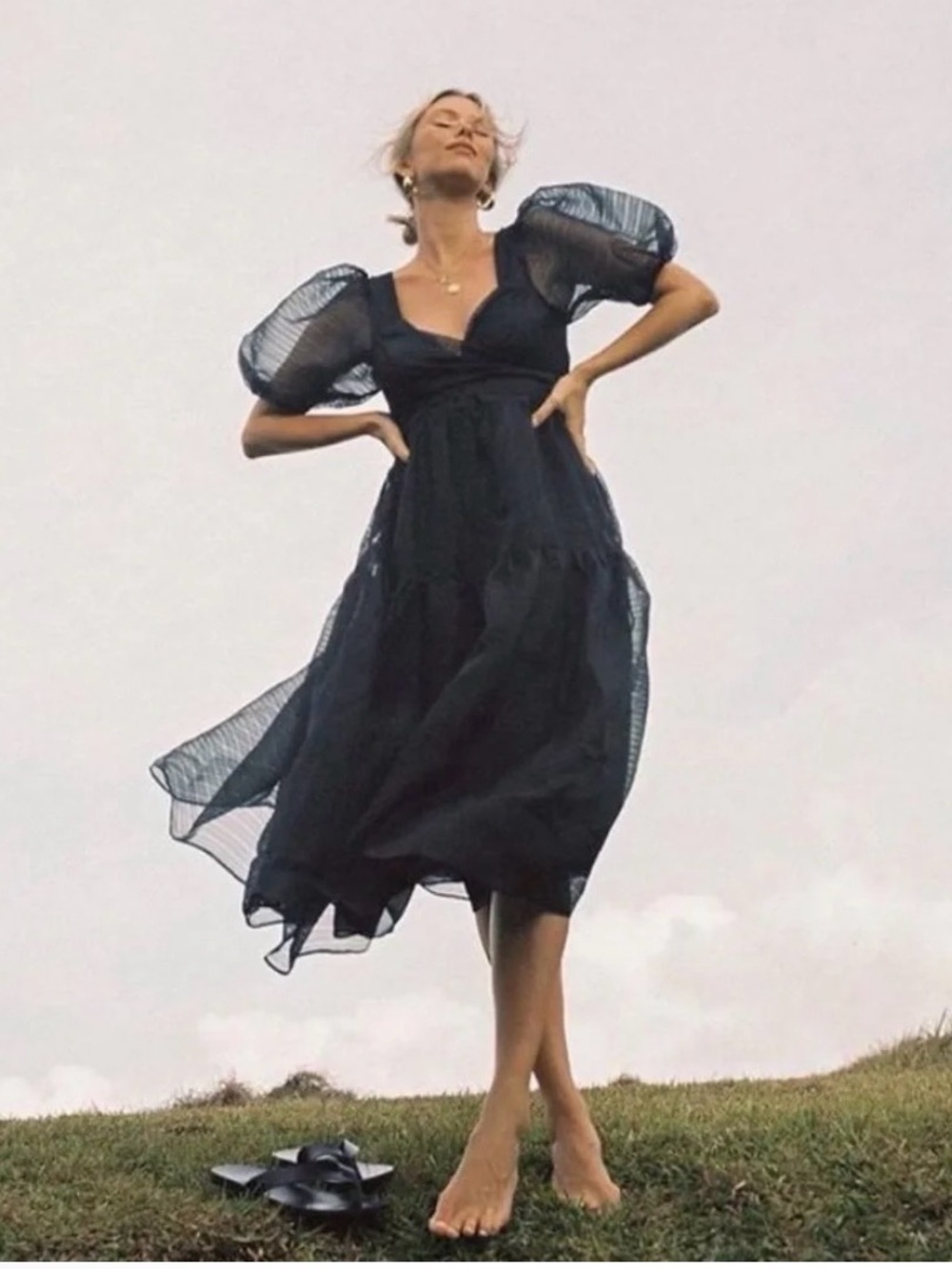 FREE PEOPLE Hailey Dress Women’s Black Puff-Sleeve Midi - Elegant Summer Sz: 12